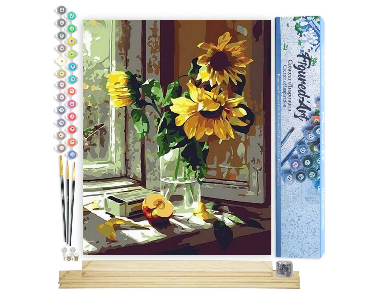 Figured'Art Paint by Numbers for Adults Sunflowers and apple in front of the window 16"x20" - Craft Art Painting Rolled Canvas with DIY wooden frame
